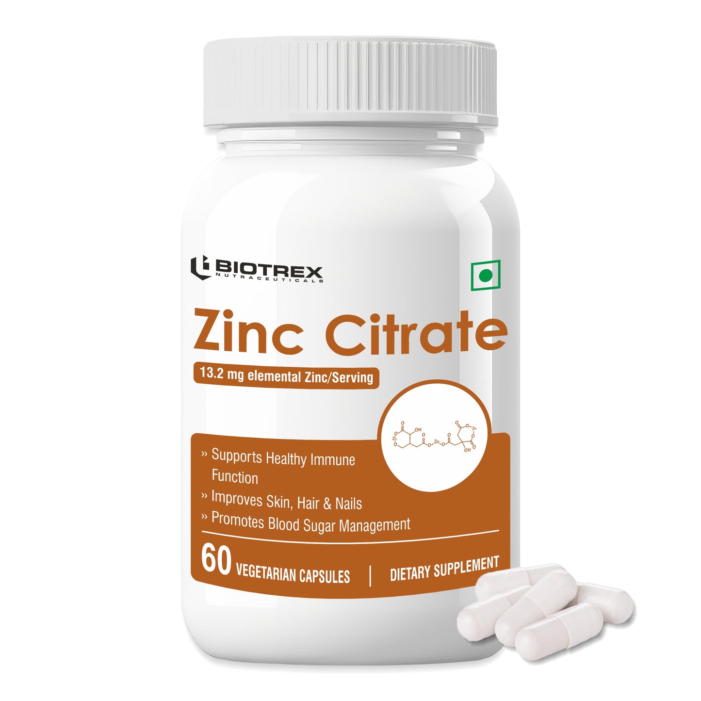 Biotrex Zinc Citrate Supplement - 60 Veg Capsules, Healthy Immunity, Supports Skin, Hair & Nails Health