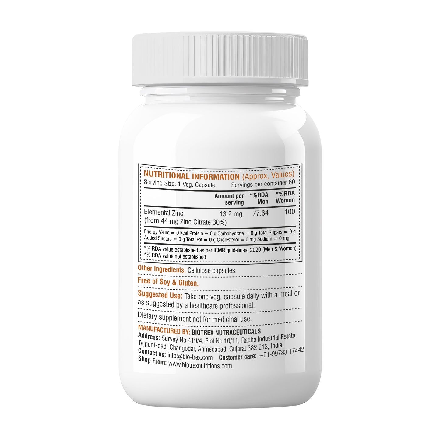 Biotrex Zinc Citrate Supplement - 60 Veg Capsules, Healthy Immunity, Supports Skin, Hair & Nails Health