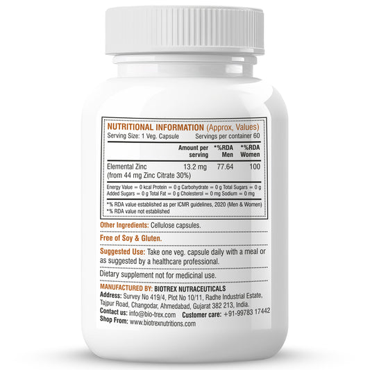 Biotrex Zinc Citrate Supplement - 60 Veg Capsules, Healthy Immunity, Supports Skin, Hair & Nails Health