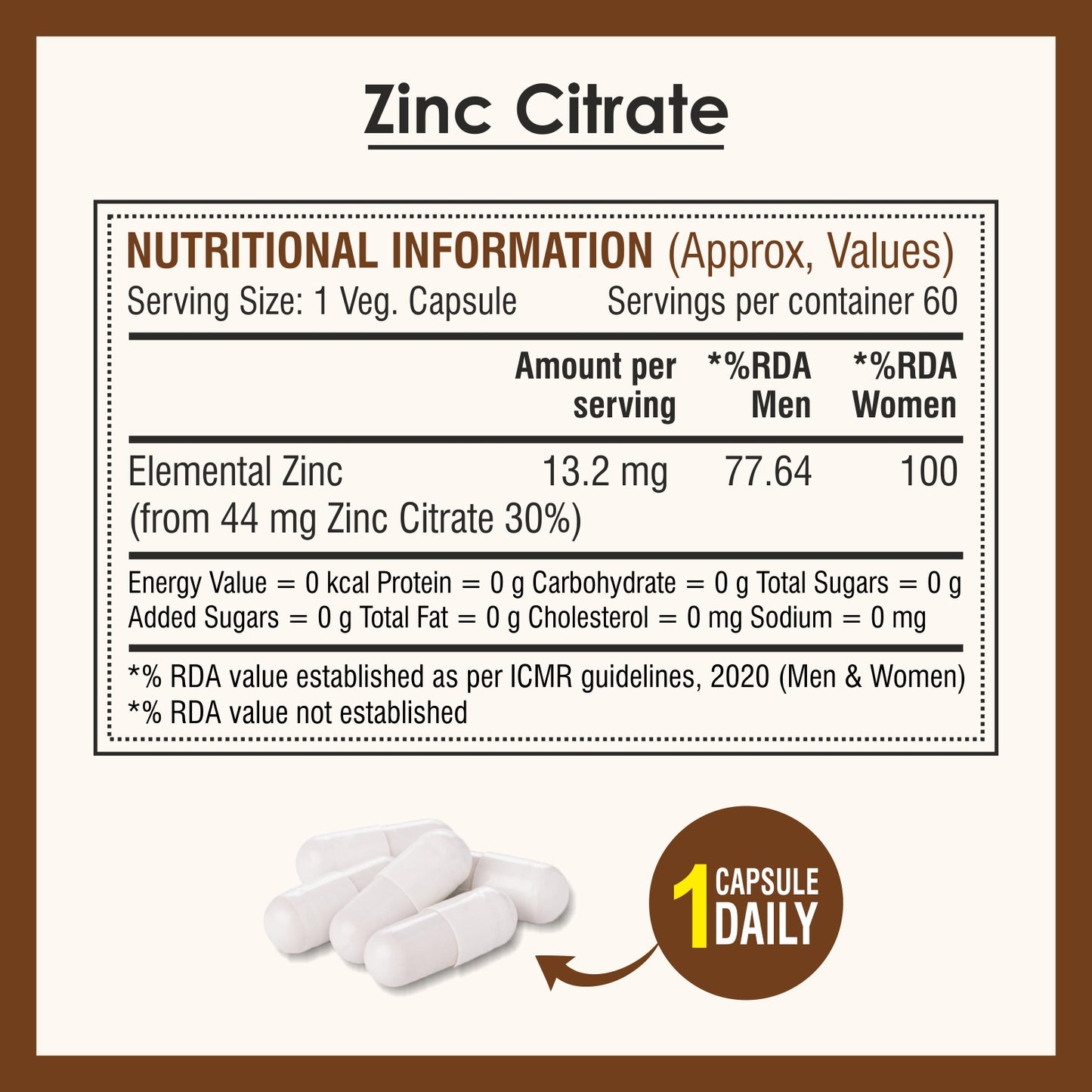 Biotrex Zinc Citrate Supplement - 60 Veg Capsules, Healthy Immunity, Supports Skin, Hair & Nails Health