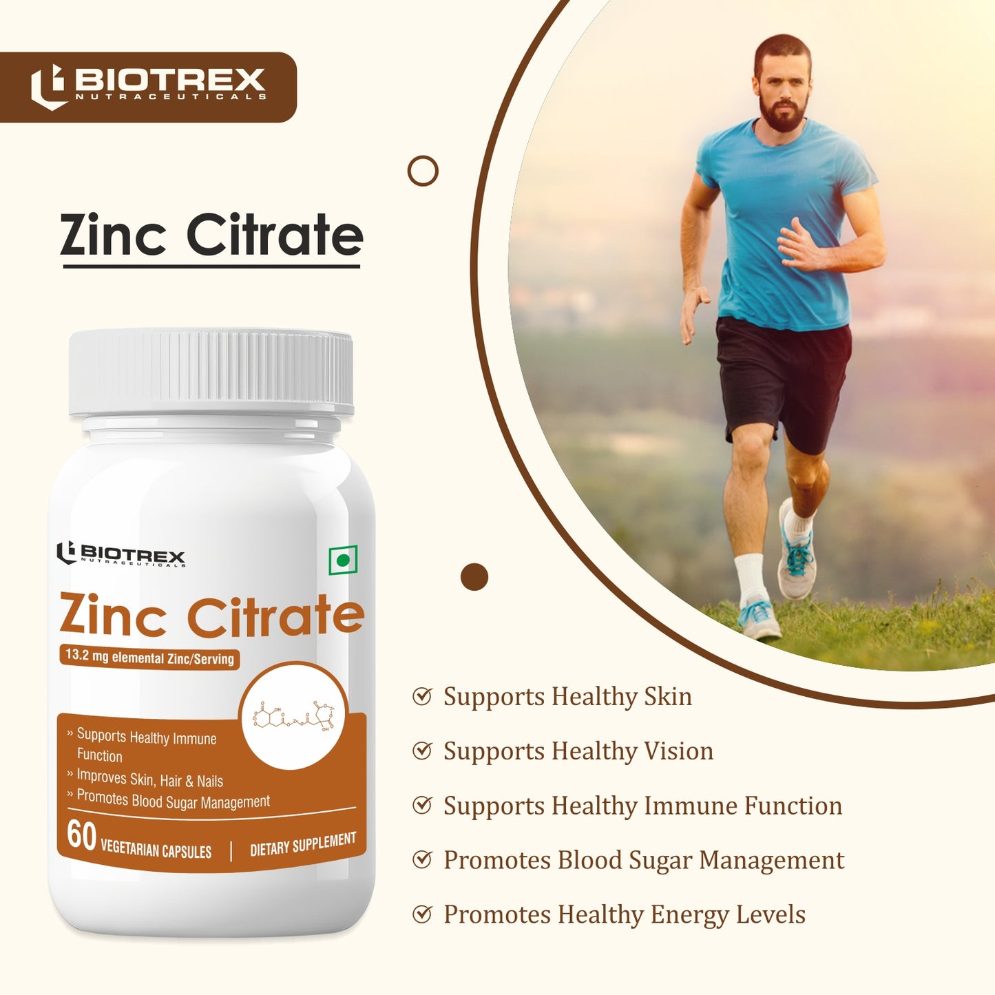 Biotrex Zinc Citrate Supplement - 60 Veg Capsules, Healthy Immunity, Supports Skin, Hair & Nails Health