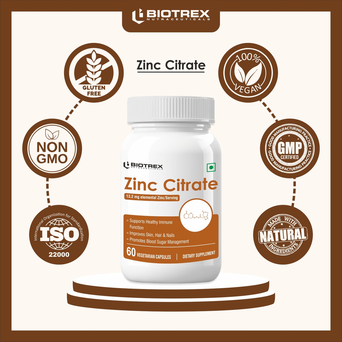 Biotrex Zinc Citrate Supplement - 60 Veg Capsules, Healthy Immunity, Supports Skin, Hair & Nails Health