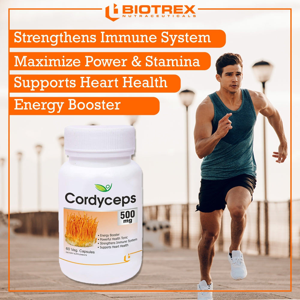 Biotrex Cordyceps 500mg-60 Veg Capsules Increases Energy, Stamina & Athletic Performance Enhancement