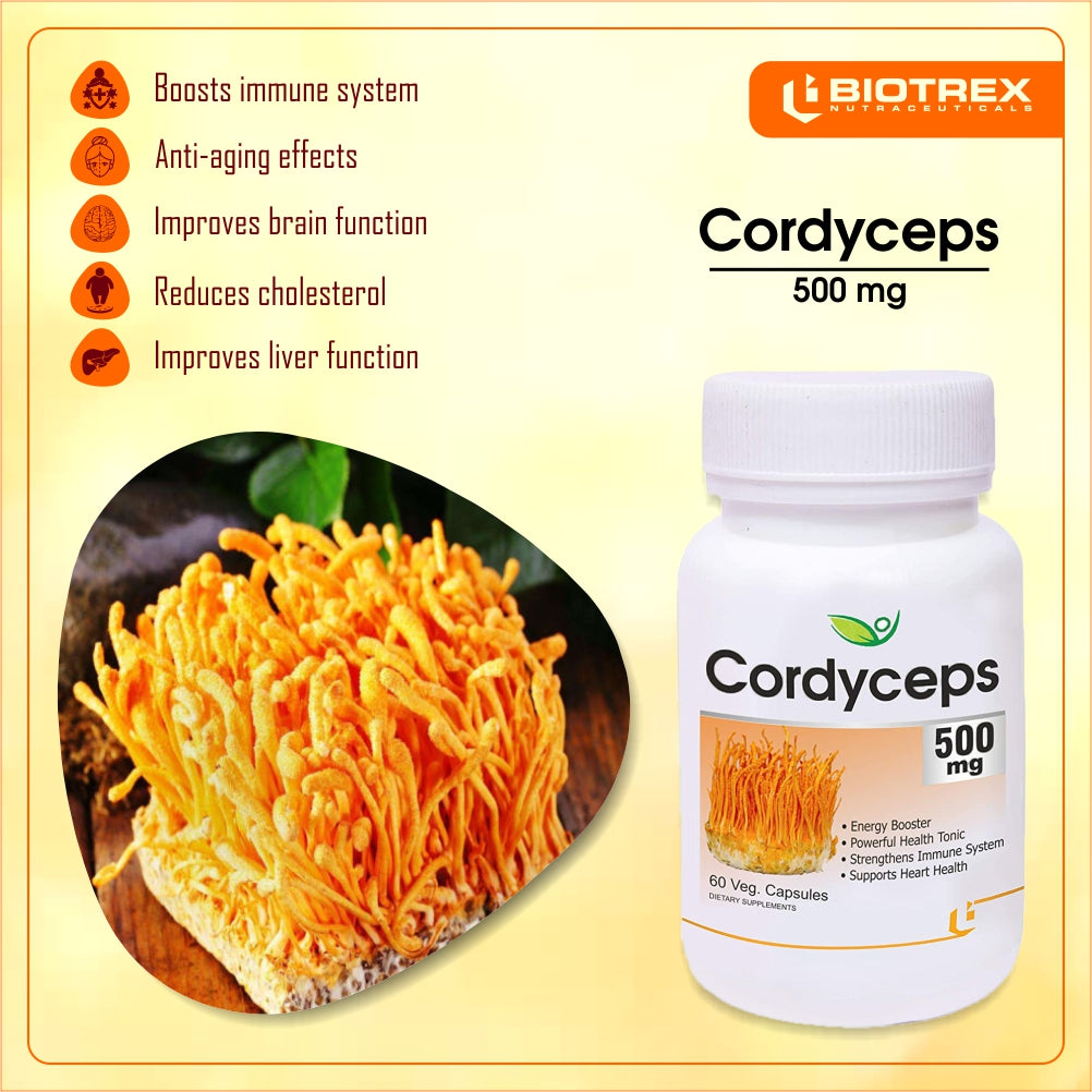 Biotrex Cordyceps 500mg-60 Veg Capsules Increases Energy, Stamina & Athletic Performance Enhancement