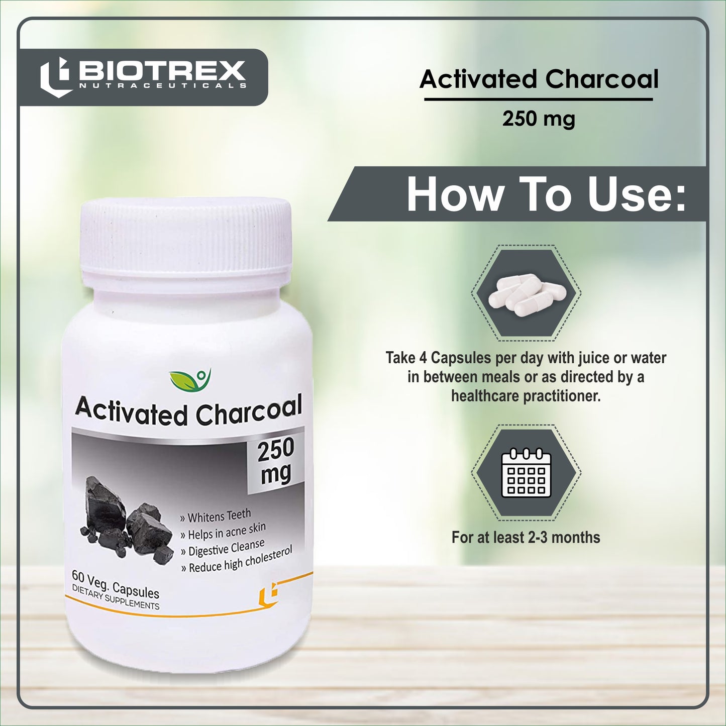 Biotrex Activated Charcoal 250mg - 60 Capsules