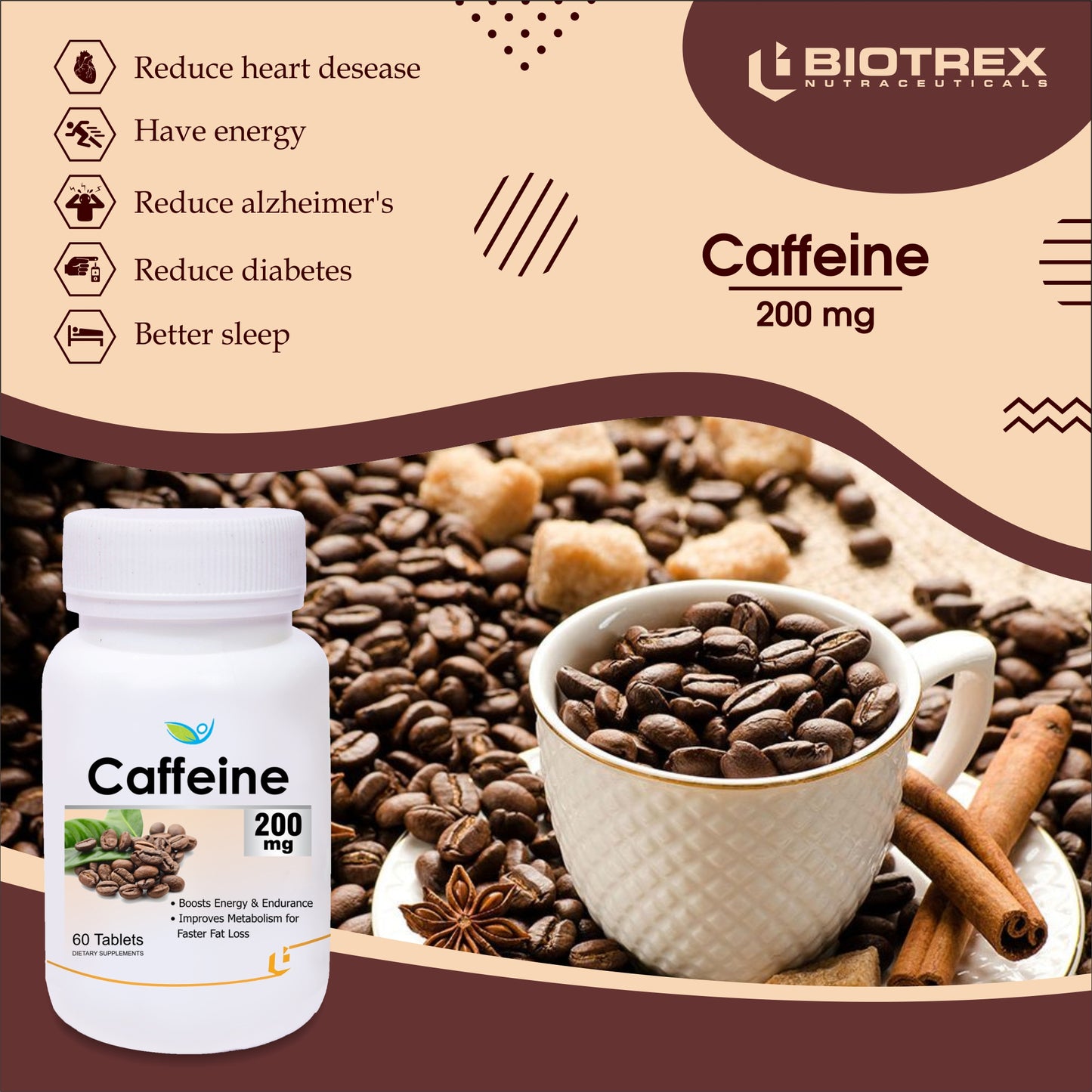 Biotrex Caffeine 200mg - 60 Capsules