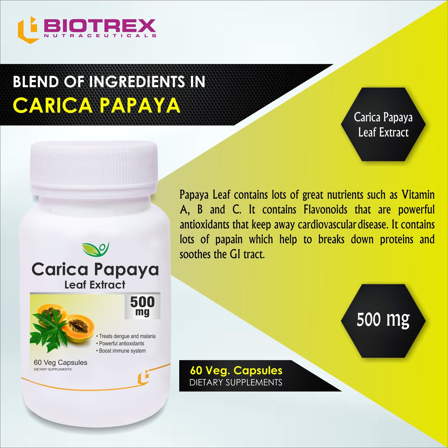 Biotrex Carica Papaya 500mg - 60 Capsules