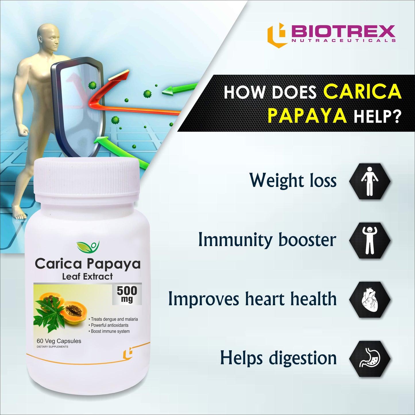 Biotrex Carica Papaya 500mg - 60 Capsules