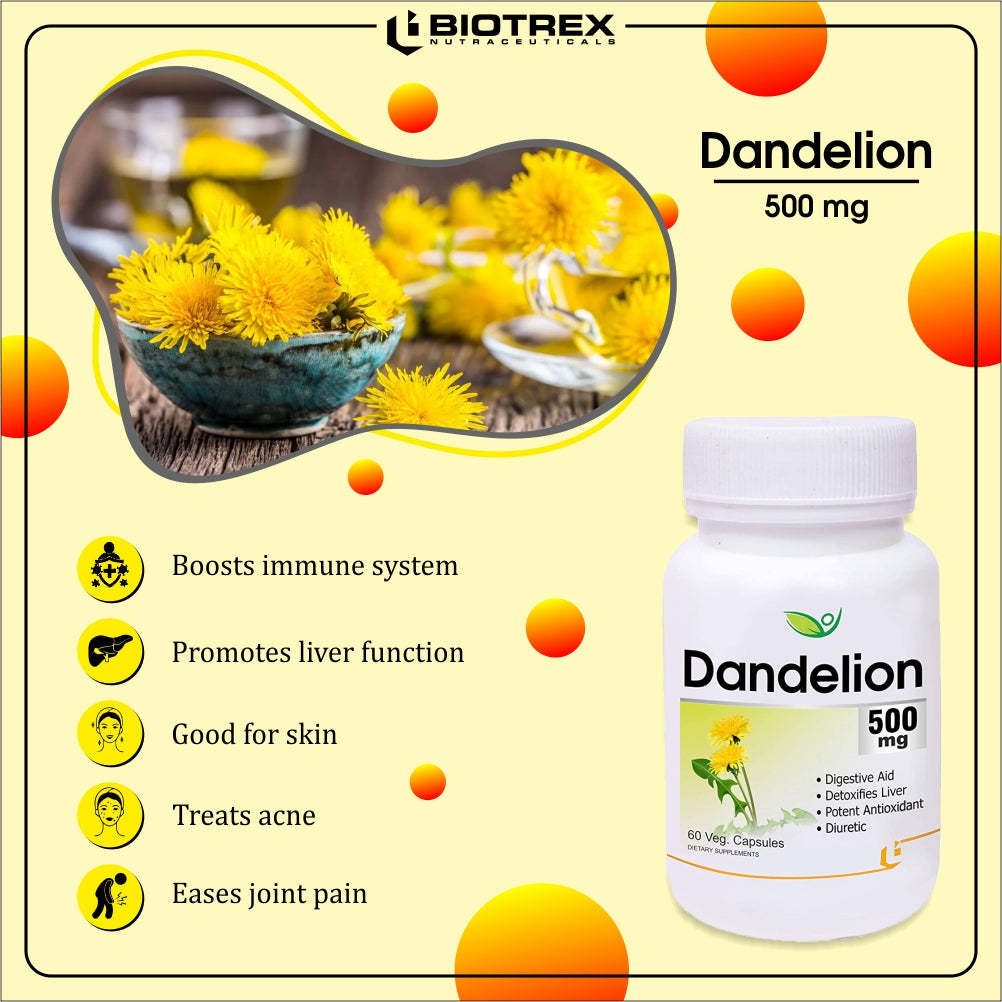 Biotrex Dandelion 500mg - 60 Capsules, Antioxidant, Detoxifies Liver, Digestive Aid