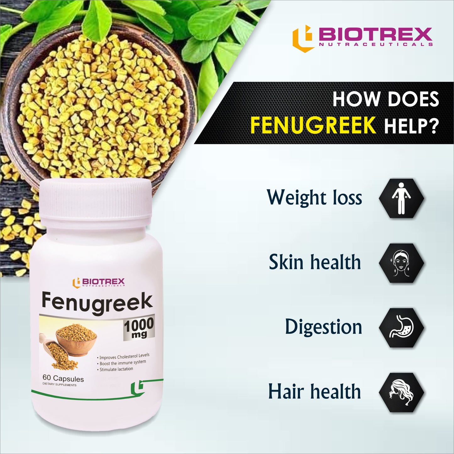 Biotrex Fenugreek 1000mg - 60 Capsules