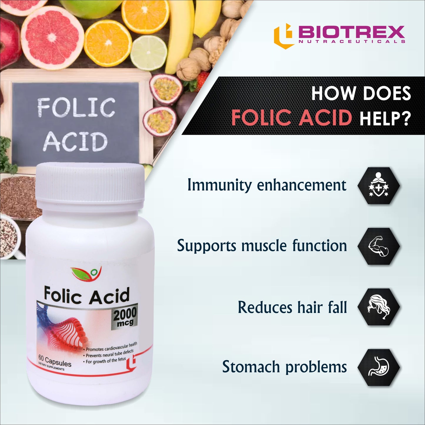 Biotrex Folic Acid 2000mcg - 60 Capsules