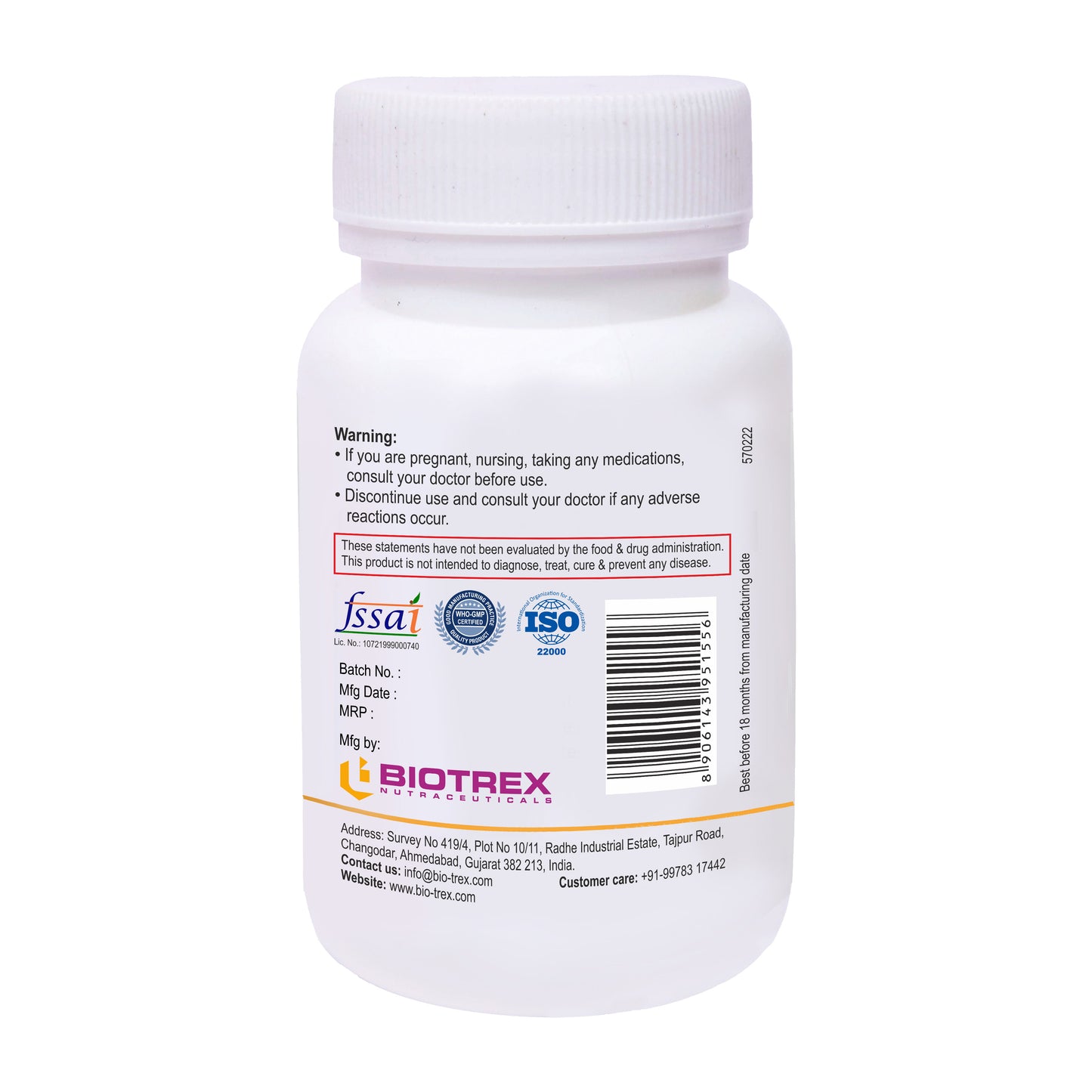 Biotrex Slippery Elm 400mg - 60 Capsules Soothing Digestive Aid, Gastrointestinal Protection & Relief from Sore Throat and Cough