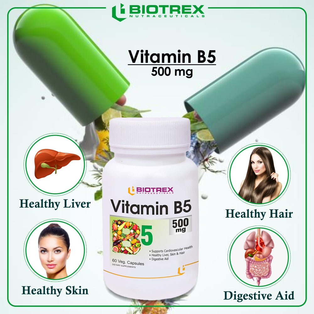 Biotrex Vitamin B5 500mg - 60 Capsules Energy Metabolism, Stress Management, Cholesterol and Lipid Metabolism