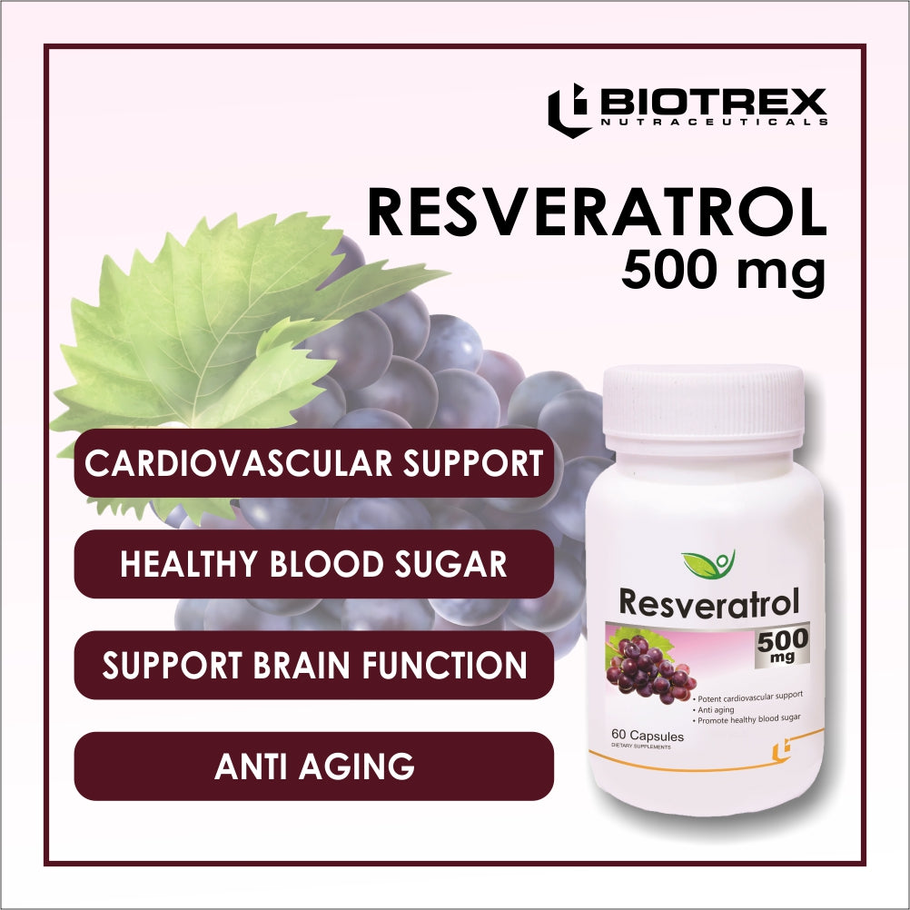 Biotrex Resveratrol 500mg - 60 Capsules Cognitive Health, Skin Health, Antioxidant Support & Cardiovascular Health
