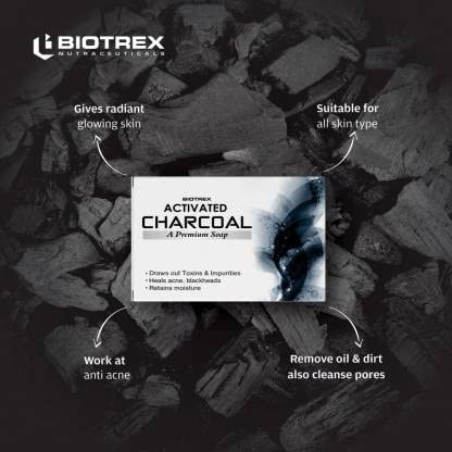 Biotrex Nutraceuticals Activated Charcoal Soap - Pack of 6 | Bathing Soap | Deep Clean and Anti-pollution Effect.