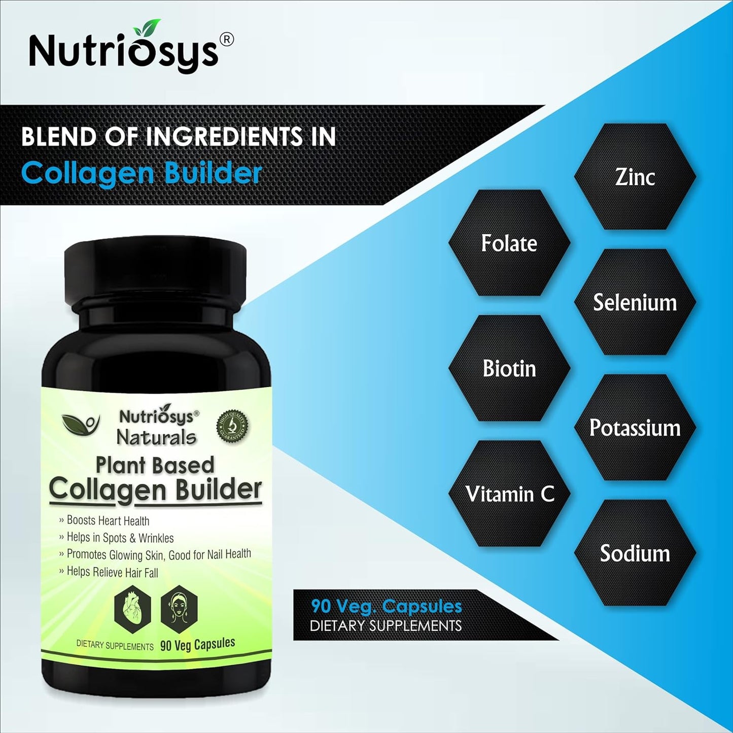 Nutriosys Naturals Plant Based Collagen Builder | With Vitamin C, Zinc & Biotin | Healthy Skin & Hair | Build Muscles | Healthy Joints & Stomach - 90 Veg Capsules