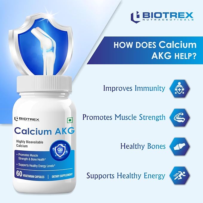 Biotrex Nutraceuticals Calcium Alpha Ketoglutarate CA AKG Supplement Supports Energy & Muscle Strength, Healthy Aging, For Men & Women - 60 Veg Capsules
