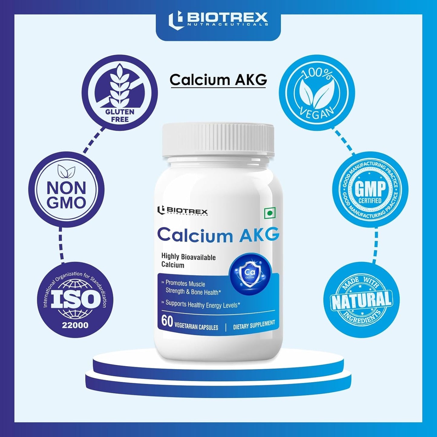 Biotrex Nutraceuticals Calcium Alpha Ketoglutarate CA AKG Supplement Supports Energy & Muscle Strength, Healthy Aging, For Men & Women - 60 Veg Capsules