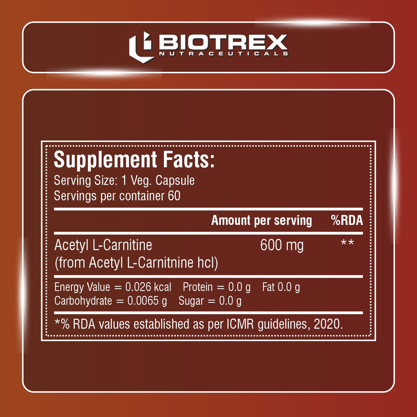 Biotrex Acetyl L-Carnitine (ALCAR) 600mg | Nervous System, Cognitive Function & Mitochondrial Metabolism | Energy Production - 60 Veg Capsules