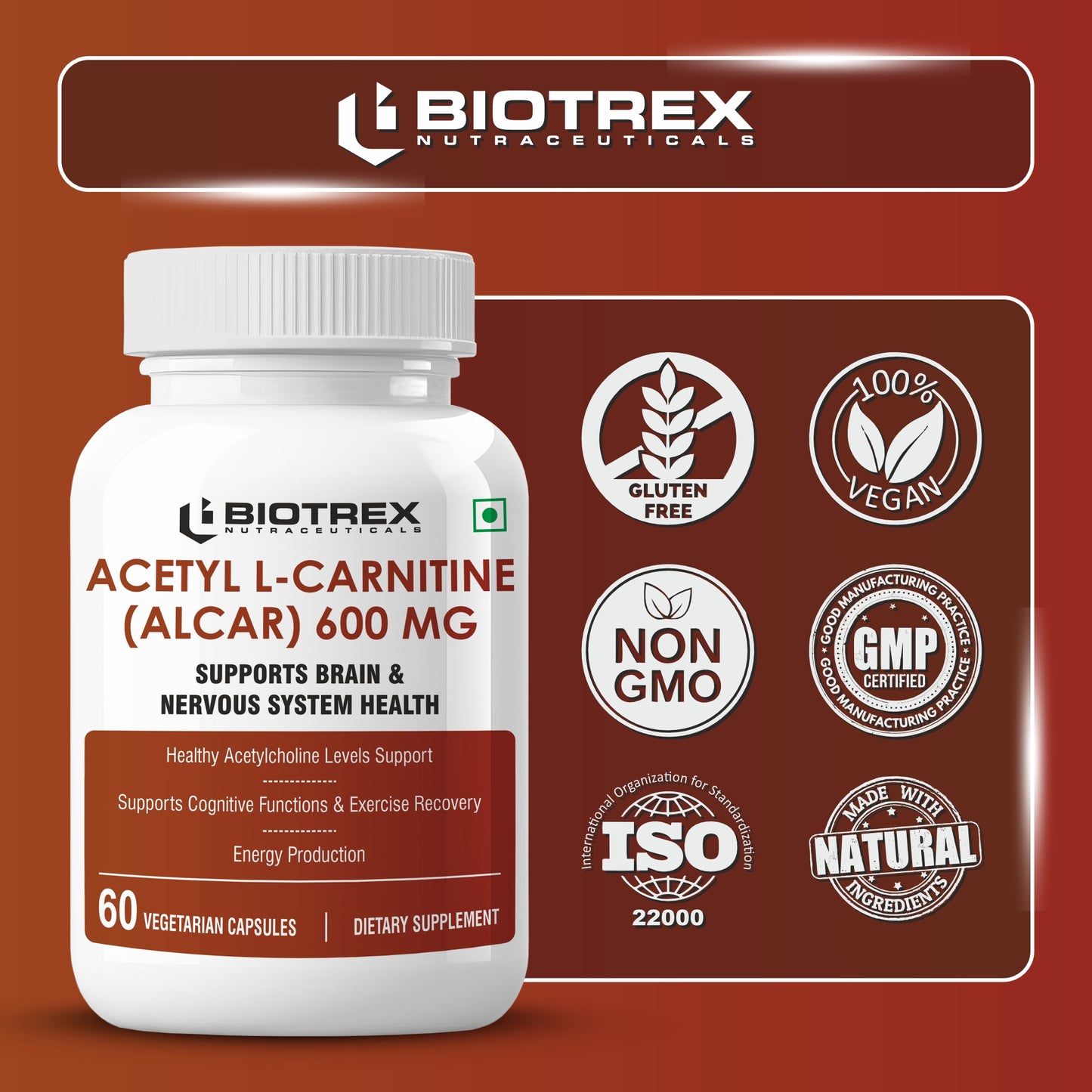 Biotrex Acetyl L-Carnitine (ALCAR) 600mg | Nervous System, Cognitive Function & Mitochondrial Metabolism | Energy Production - 60 Veg Capsules