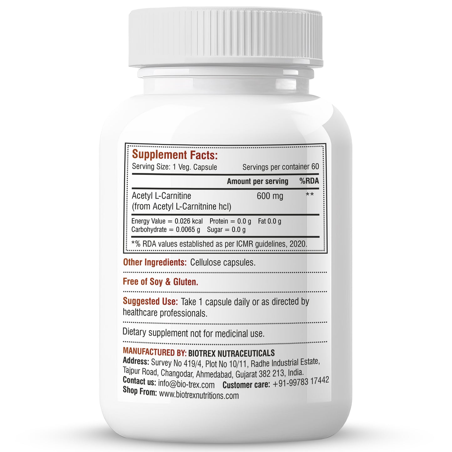 Biotrex Acetyl L-Carnitine (ALCAR) 600mg | Nervous System, Cognitive Function & Mitochondrial Metabolism | Energy Production - 60 Veg Capsules