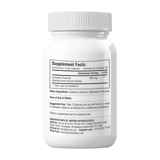 Biotrex Activated Charcoal 500mg Supplement For Healthy Digestive System - 60 Capsules