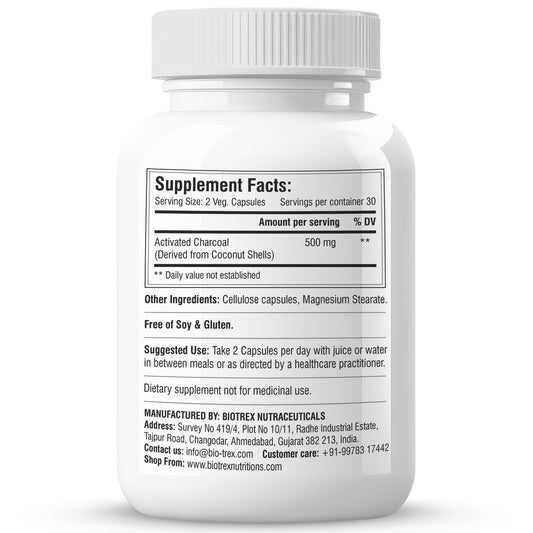 Biotrex Activated Charcoal 500mg Supplement For Healthy Digestive System - 60 Capsules