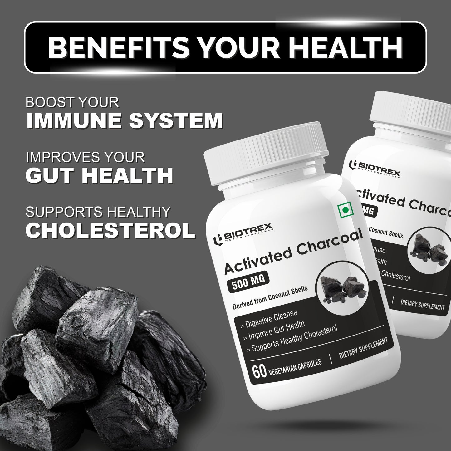 Biotrex Activated Charcoal 500mg Supplement For Healthy Digestive System - 60 Capsules