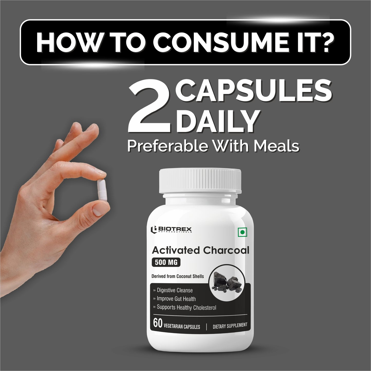 Biotrex Activated Charcoal 500mg Supplement For Healthy Digestive System - 60 Capsules