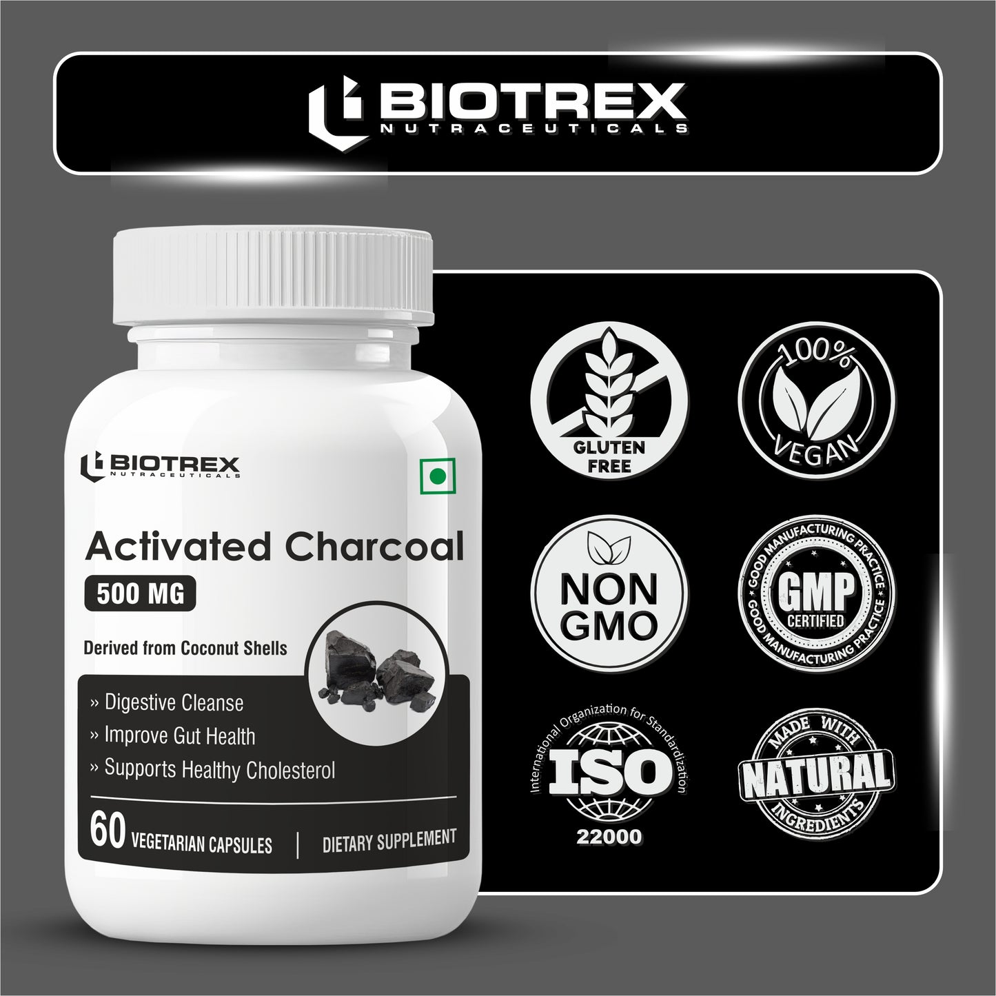 Biotrex Activated Charcoal 500mg Supplement For Healthy Digestive System - 60 Capsules