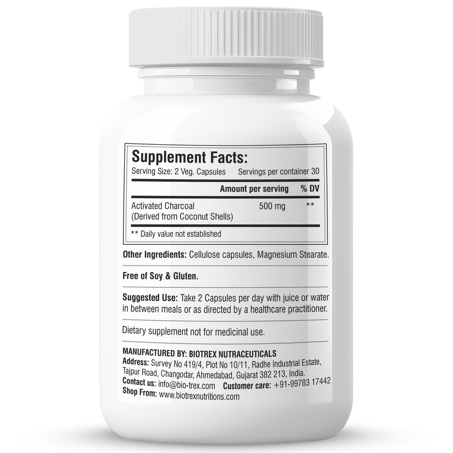 Biotrex Activated Charcoal 500mg Supplement For Healthy Digestive System - 60 Capsules