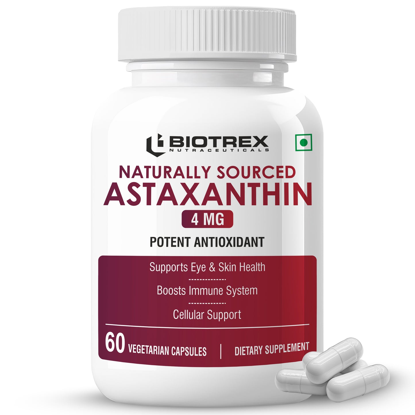 Biotrex Astaxanthin 4mg | Supports Eye & Skin Health I Boosts Immune System | Cellular Support | Naturally Sourced - 60 Veg Capsules