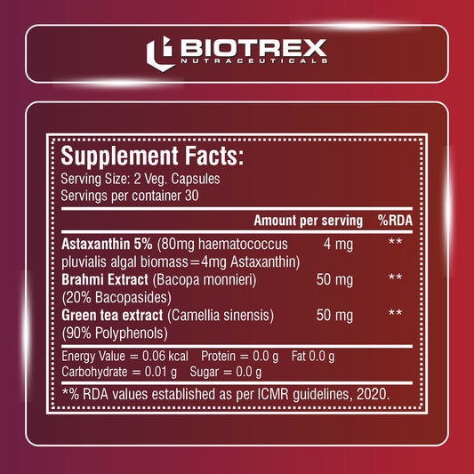Biotrex Nutraceuticals Astaxanthin 4mg | Supports Eye & Skin Health I Boosts Immune System | Cellular Support | Naturally Sourced - 60 Veg Capsules