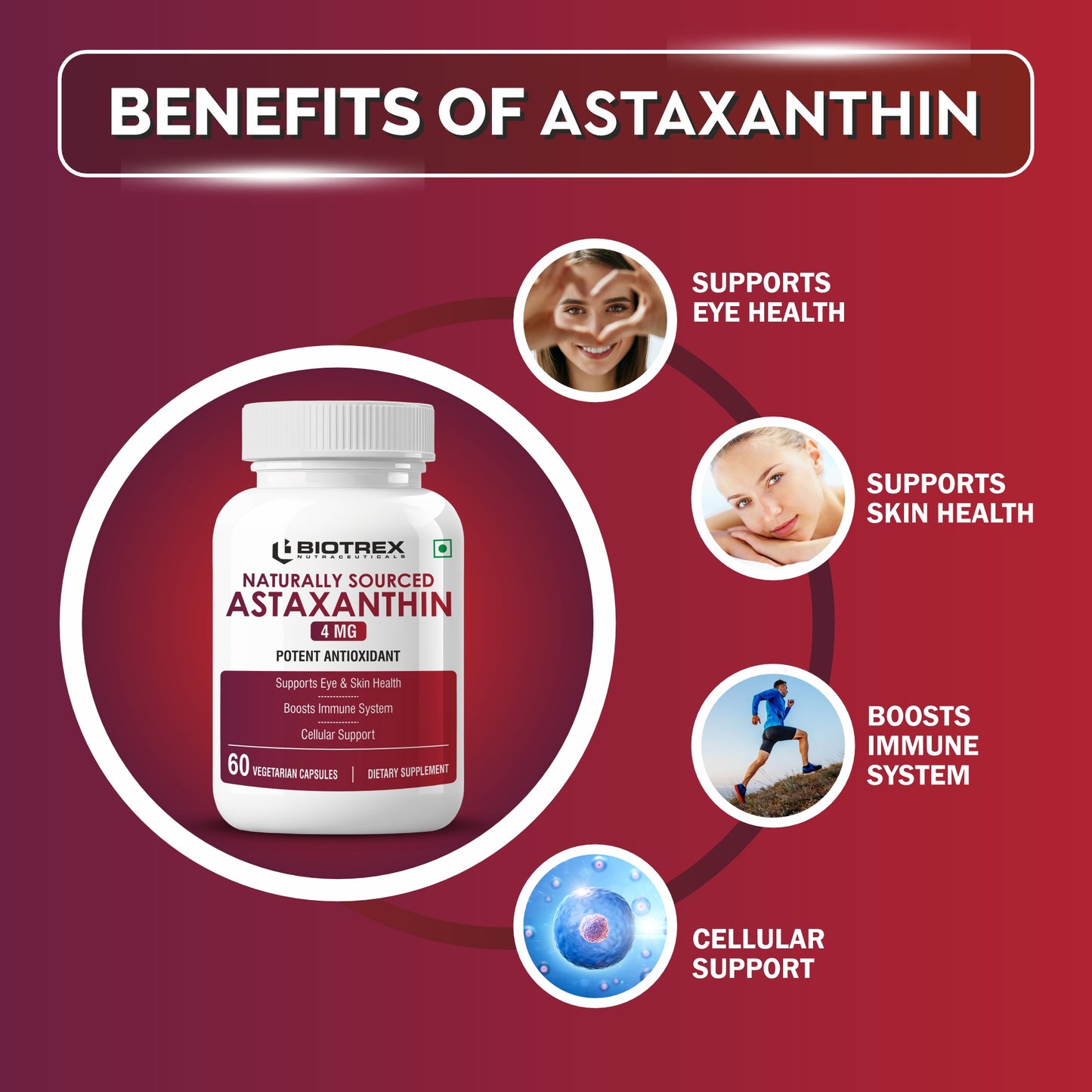 Biotrex Astaxanthin 4mg | Supports Eye & Skin Health I Boosts Immune System | Cellular Support | Naturally Sourced - 60 Veg Capsules