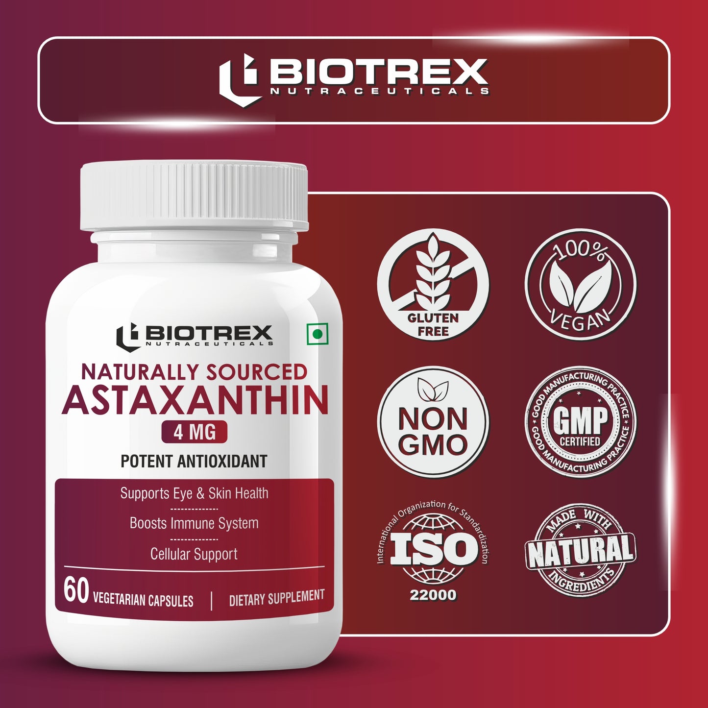 Biotrex Astaxanthin 4mg | Supports Eye & Skin Health I Boosts Immune System | Cellular Support | Naturally Sourced - 60 Veg Capsules