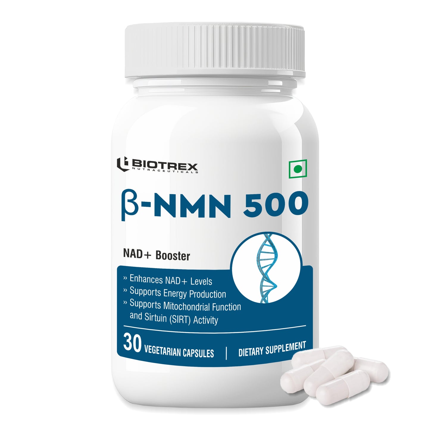 Biotrex NMN 500 Supplement, 99% High Purity, NAD Booster, Healthy Energy Levels & Skin Health - 30 Vegetarian Capsules