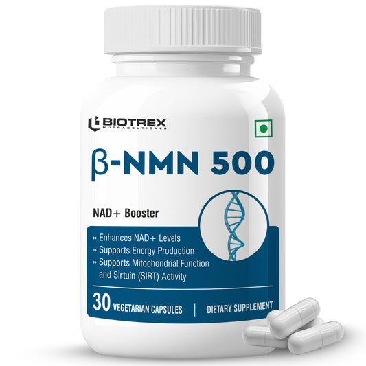 Biotrex NMN 500 Supplement, 99% High Purity, NAD Booster, Healthy Energy Levels & Skin Health - 30 Vegetarian Capsules