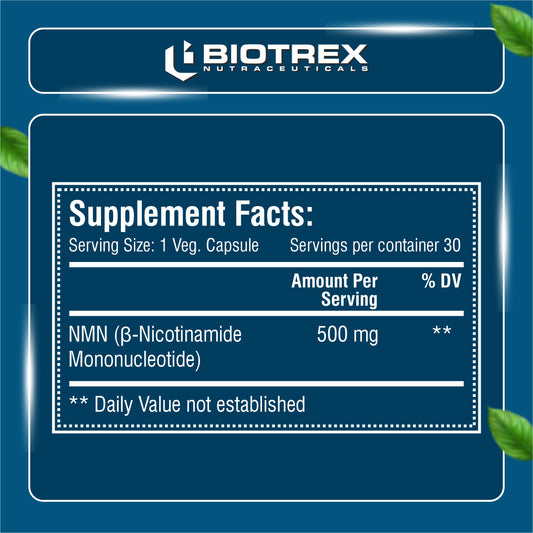 Biotrex NMN 500 Supplement, 99% High Purity, NAD Booster, Healthy Energy Levels & Skin Health - 30 Vegetarian Capsules