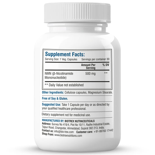 Biotrex NMN 500 Supplement, 99% High Purity, NAD Booster, Healthy Energy Levels & Skin Health - 30 Vegetarian Capsules
