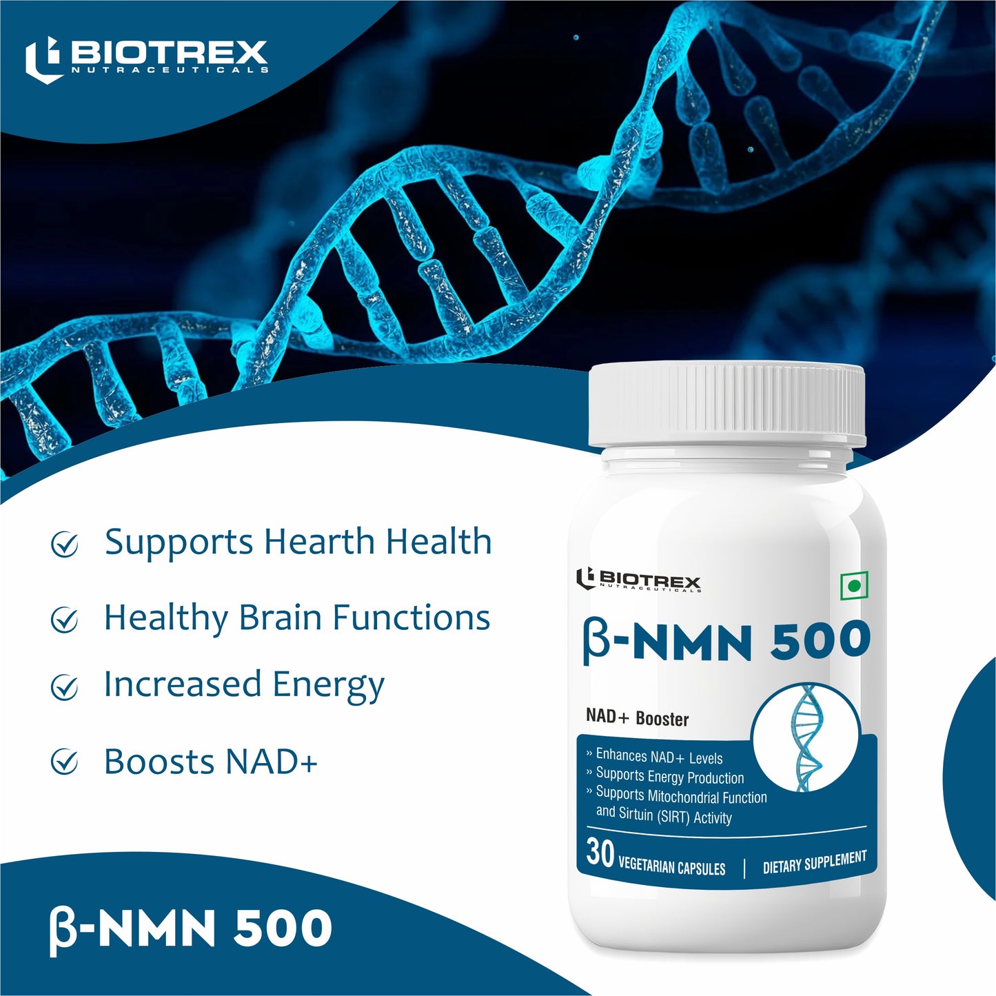 Biotrex NMN 500 Supplement, 99% High Purity, NAD Booster, Healthy Energy Levels & Skin Health - 30 Vegetarian Capsules