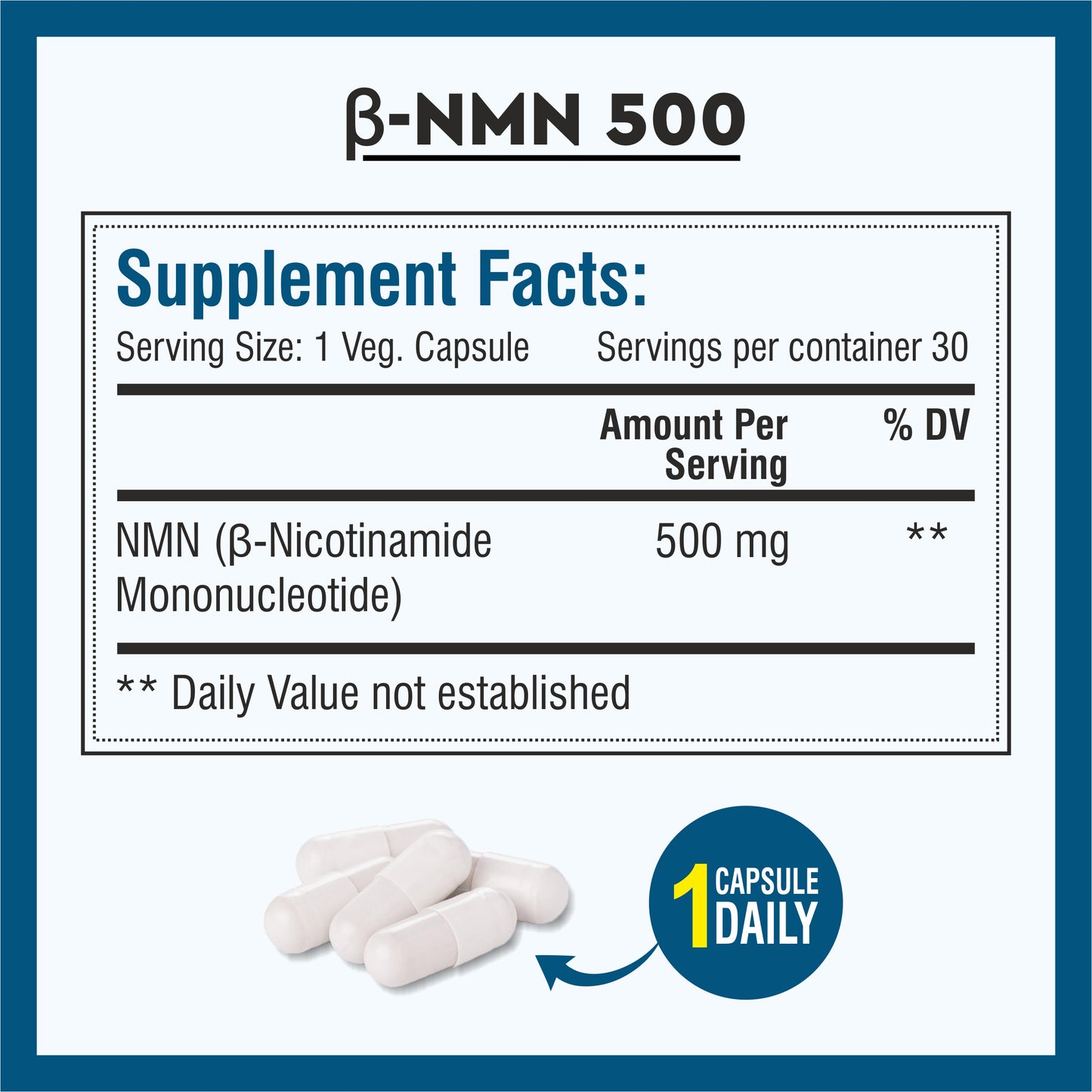 Biotrex NMN 500 Supplement, 99% High Purity, NAD Booster, Healthy Energy Levels & Skin Health - 30 Vegetarian Capsules
