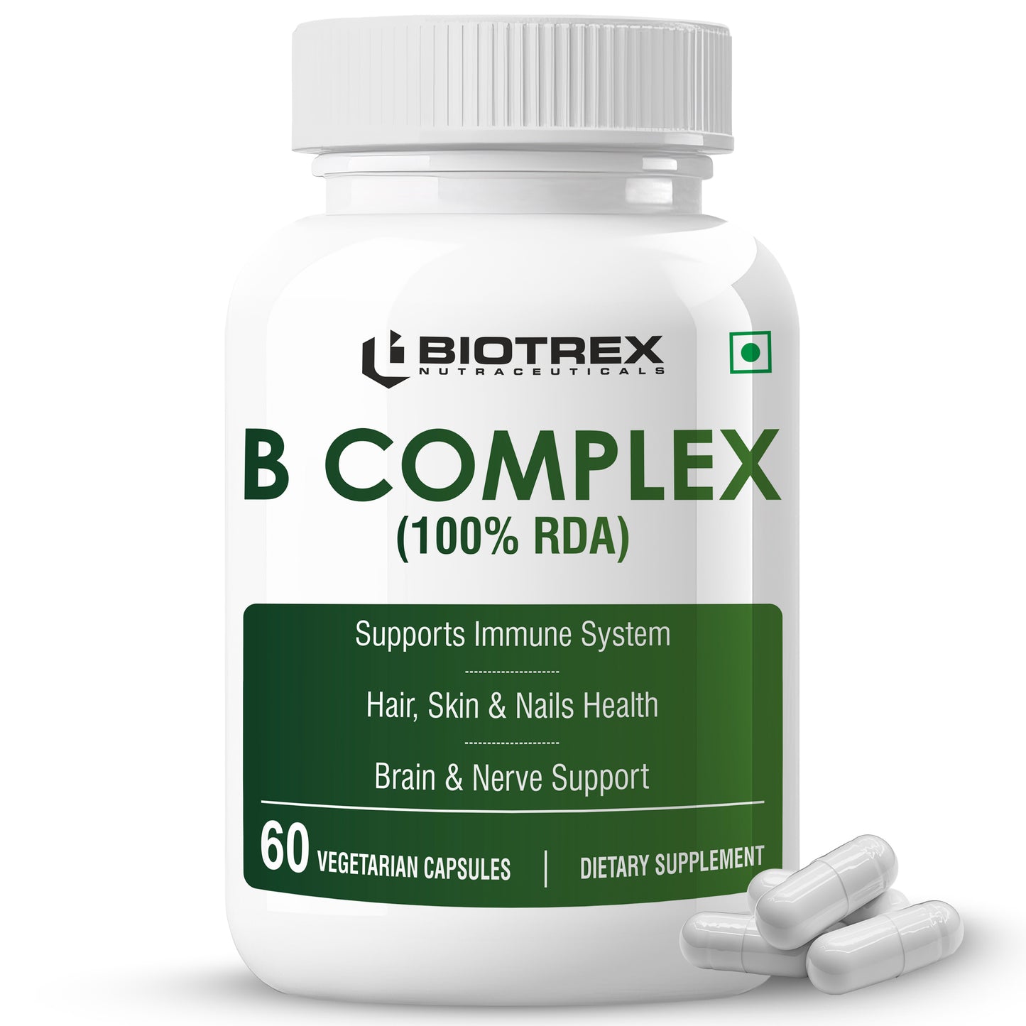 Biotrex Nutraceuticals B Complex Supplement Vitamin B1, B2, B3, B5, B6, B7, B8, B9, B12 & Vitamin C | 100% RDA | Supports Immune System | Hair, Skin & Nails Health | Daily | Brain & Nerve Support - 60 Veg Capsules