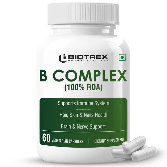 Biotrex Nutraceuticals B Complex Supplement Vitamin B1, B2, B3, B5, B6, B7, B8, B9, B12 & Vitamin C | 100% RDA | Supports Immune System | Hair, Skin & Nails Health | Daily | Brain & Nerve Support - 60 Veg Capsules