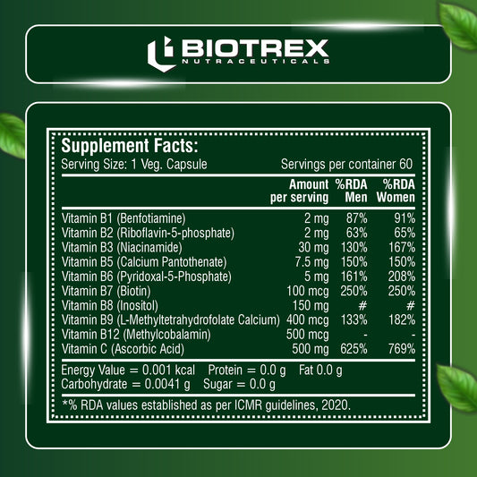 Biotrex Nutraceuticals B Complex Supplement Vitamin B1, B2, B3, B5, B6, B7, B8, B9, B12 & Vitamin C | 100% RDA | Supports Immune System | Hair, Skin & Nails Health | Daily | Brain & Nerve Support - 60 Veg Capsules