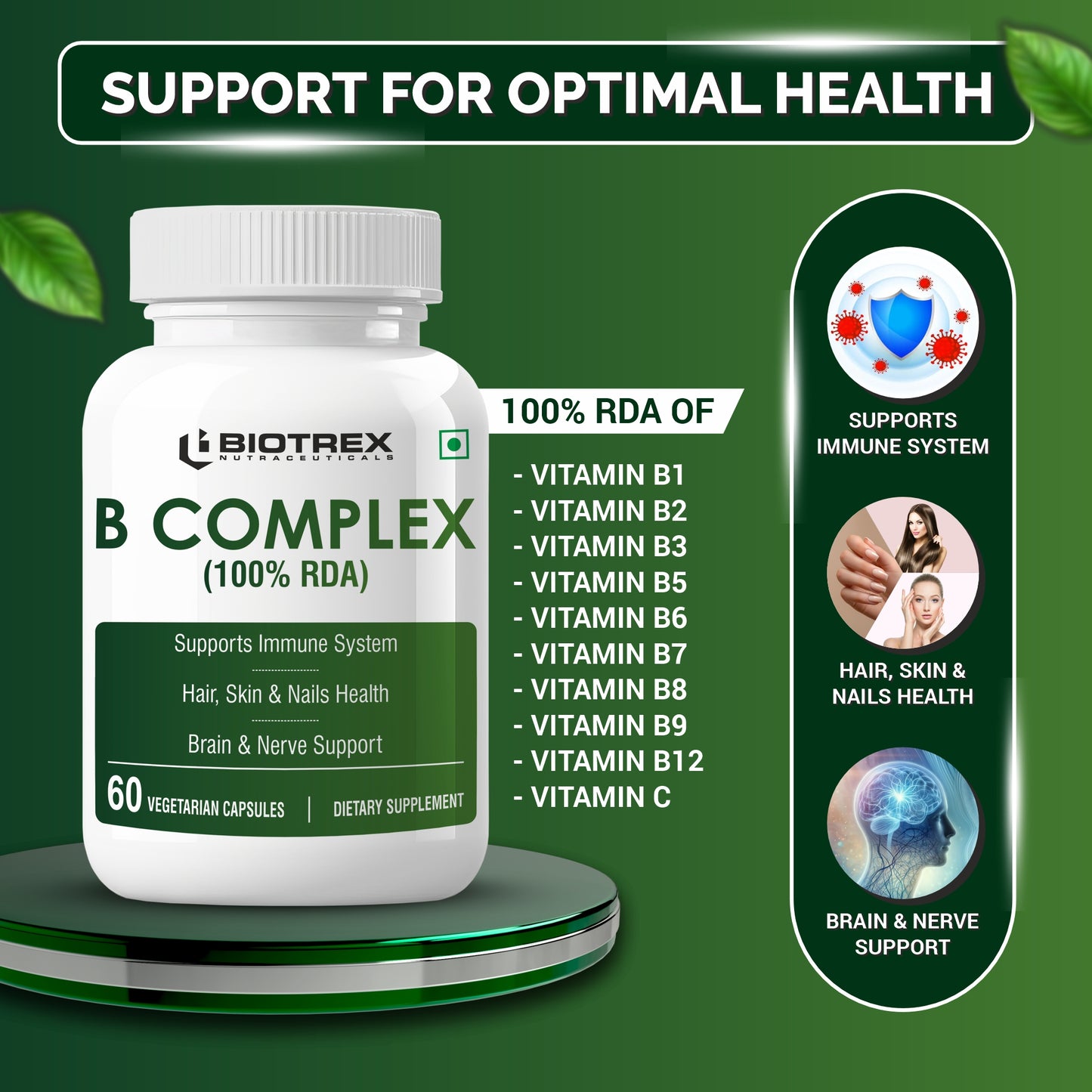 Biotrex Nutraceuticals B Complex Supplement Vitamin B1, B2, B3, B5, B6, B7, B8, B9, B12 & Vitamin C | 100% RDA | Supports Immune System | Hair, Skin & Nails Health | Daily | Brain & Nerve Support - 60 Veg Capsules