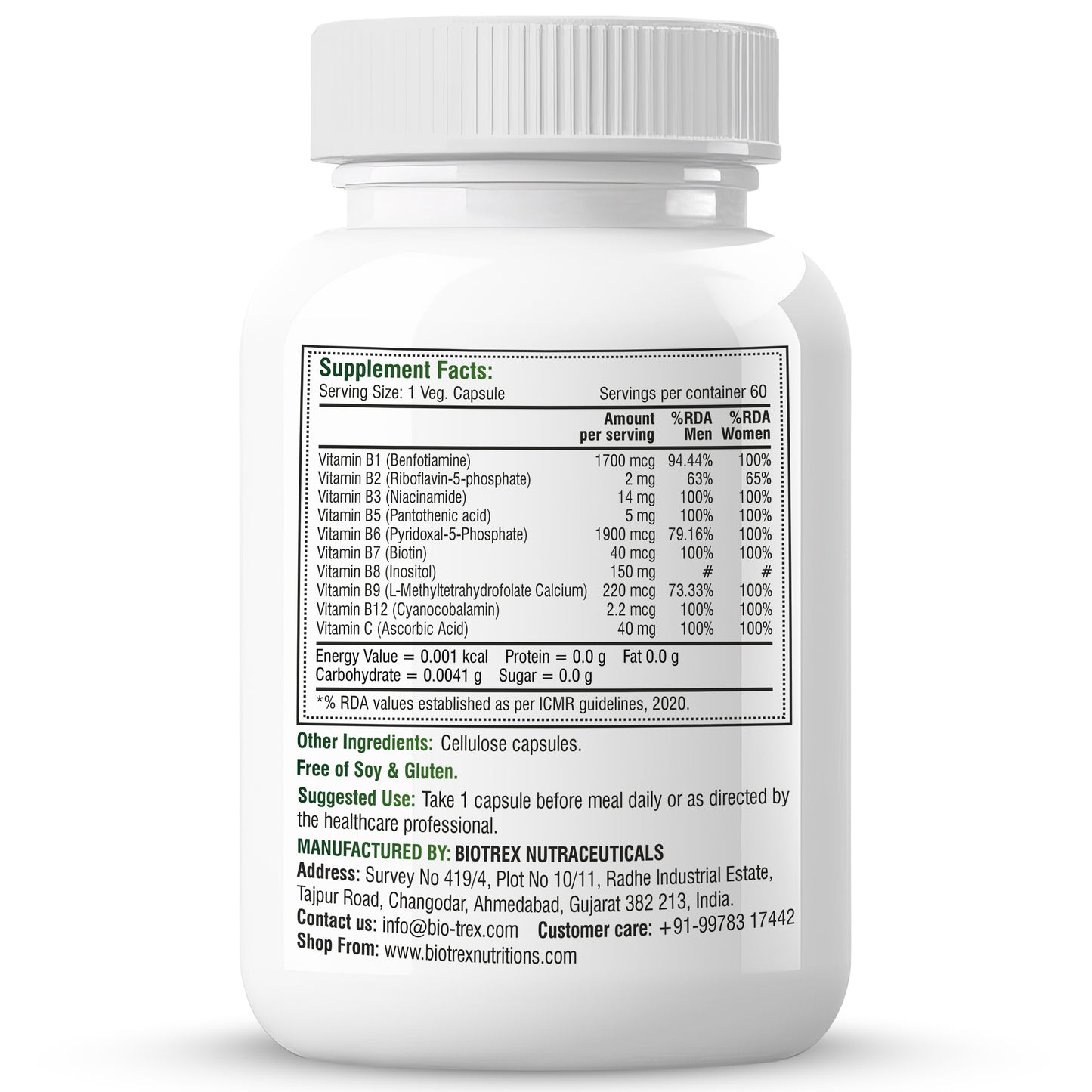 Biotrex B Complex Supplement Vitamin B1, B2, B3, B5, B6, B7, B8, B9, B12 & Vitamin C | 100% RDA | Supports Immune System | Hair, Skin & Nails Health | Daily | Brain & Nerve Support - 60 Veg Capsules