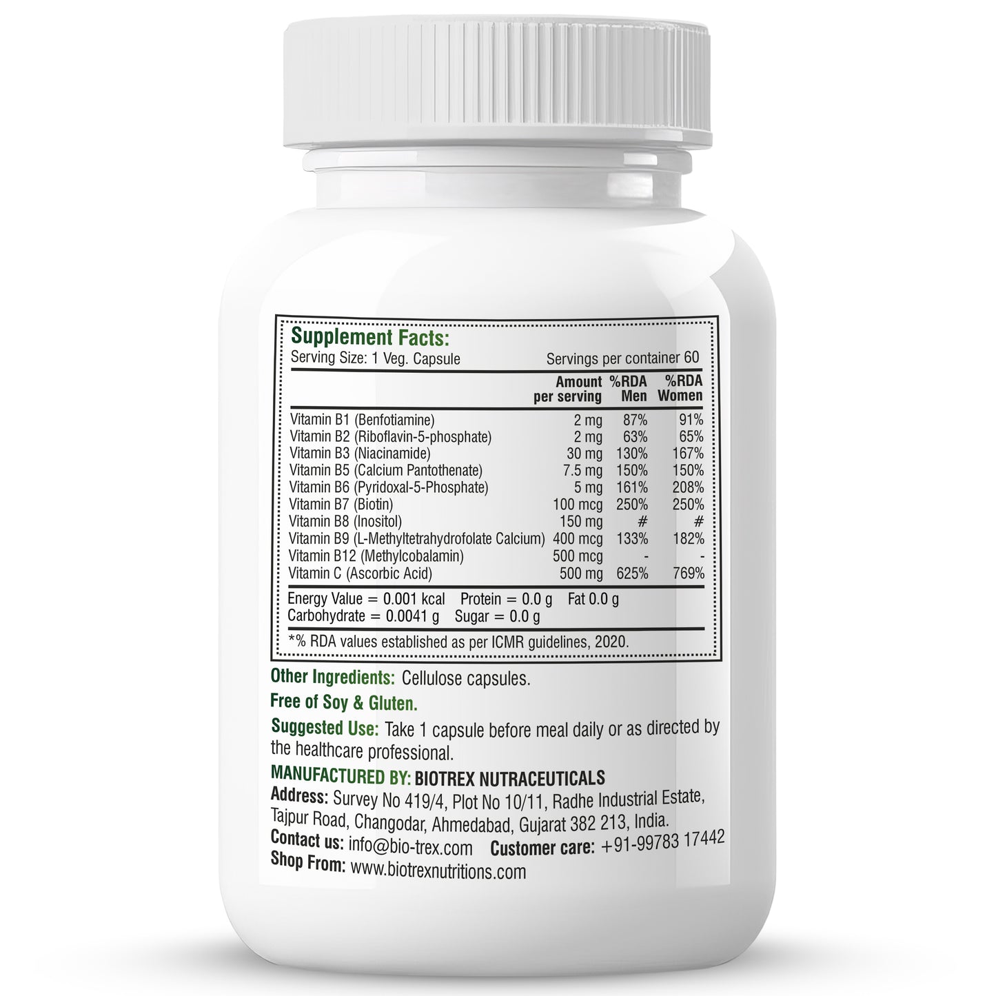 Biotrex Nutraceuticals B Complex Supplement Vitamin B1, B2, B3, B5, B6, B7, B8, B9, B12 & Vitamin C | 100% RDA | Supports Immune System | Hair, Skin & Nails Health | Daily | Brain & Nerve Support - 60 Veg Capsules