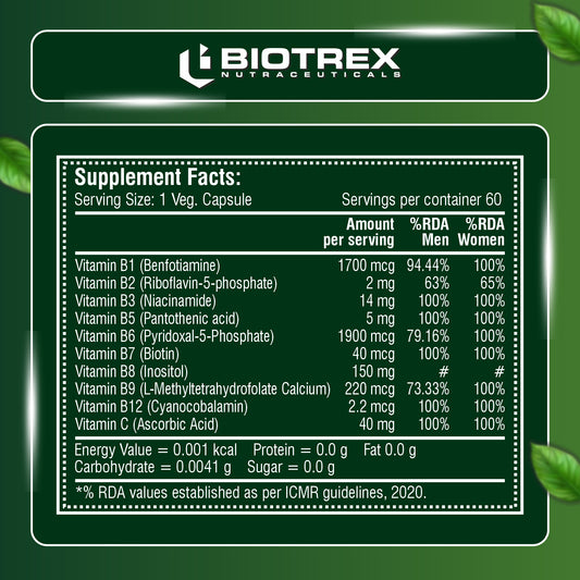 Biotrex B Complex Supplement Vitamin B1, B2, B3, B5, B6, B7, B8, B9, B12 & Vitamin C | 100% RDA | Supports Immune System | Hair, Skin & Nails Health | Daily | Brain & Nerve Support - 60 Veg Capsules