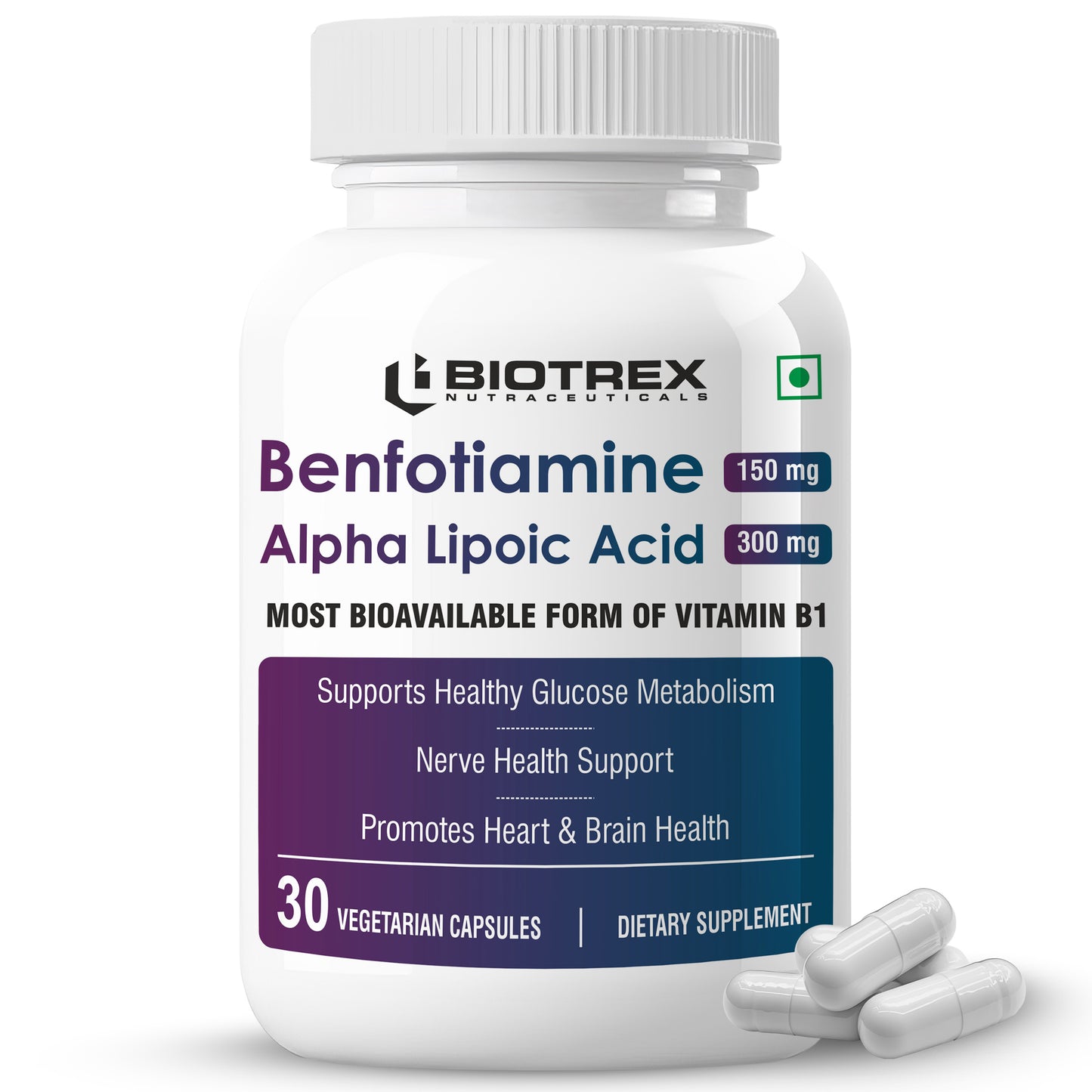 Biotrex Benfotiamine 150mg, Alpha Lipoic Acid 300mg With Leucine | Glucose Balance & Metabolic Response | Brain, Heart & Nerve Health | Most Bioavailable Vitamin B1-30 Veg Capsules