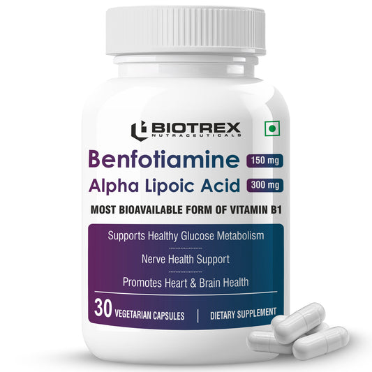 Biotrex Nutraceuticals Benfotiamine 150mg, Alpha Lipoic Acid 300mg With Leucine | Glucose Balance & Metabolic Response | Brain, Heart & Nerve Health | Most Bioavailable Vitamin B1-30 Veg Capsules